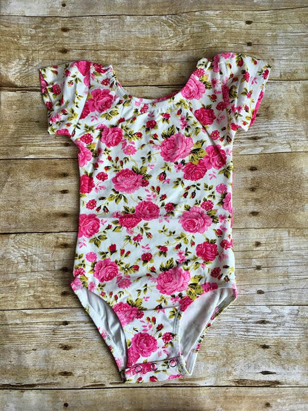 Ivory & Pink Floral Cap Sleeve Leotard