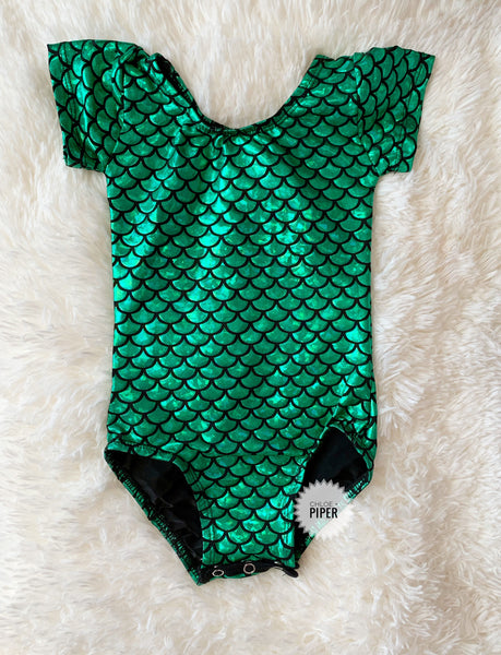 Green Mermaid Cap Sleeve Leotard (small scales)