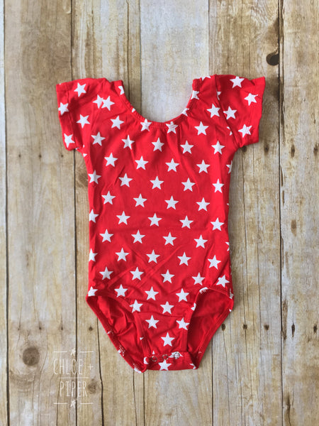 Red with White Stars Cap Sleeve Leotard