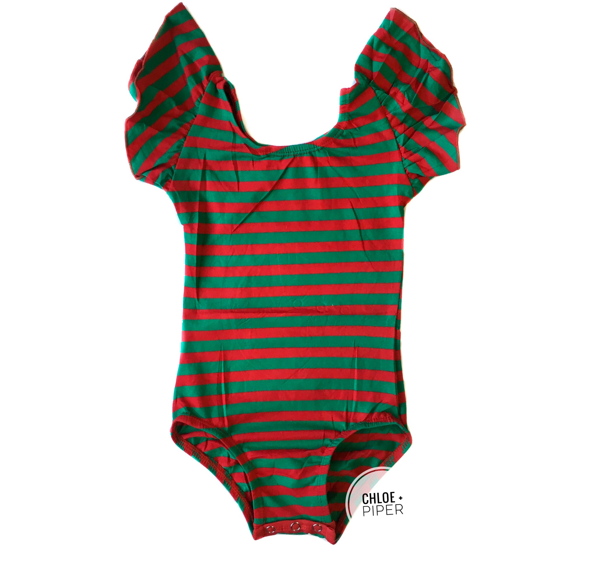 Green & Red Stripe Flutter Sleeve Leotard