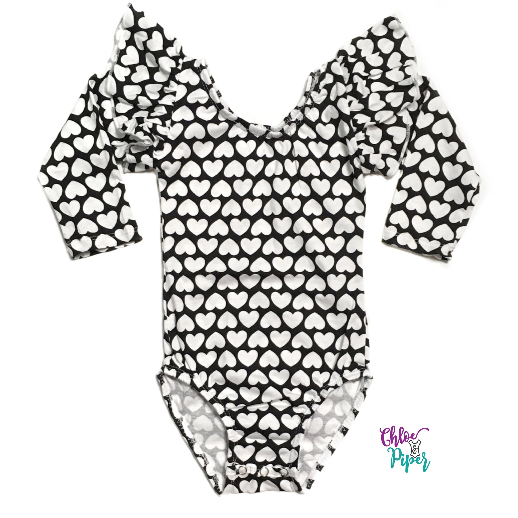 Black with white hearts long sleeve with single ruffle Leotard (read description)
