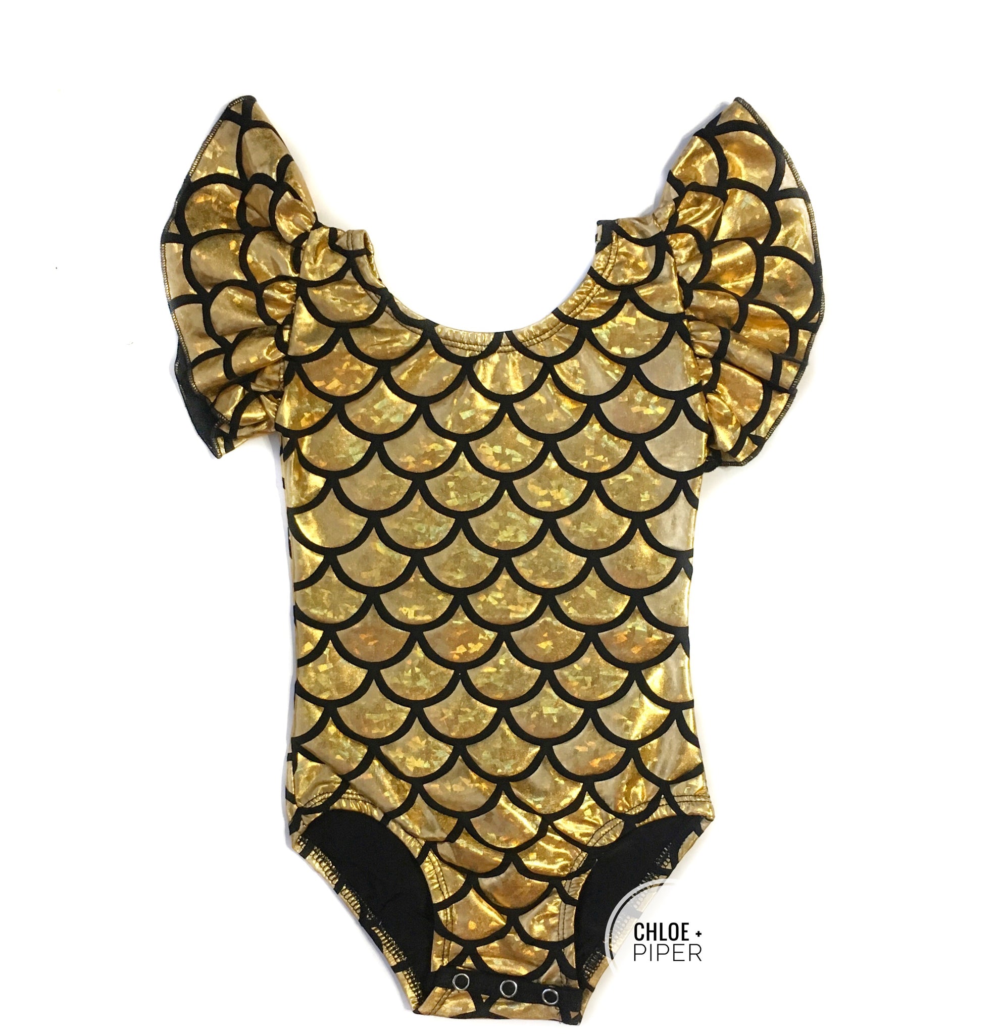Gold Mermaid Flutter Sleeve Leotard (large scales)