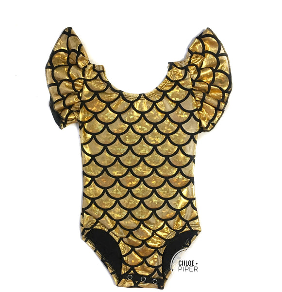 Gold Mermaid Flutter Sleeve Leotard (large scales)
