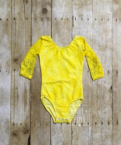 Yellow Long Sleeve Lace Leotard - Size up