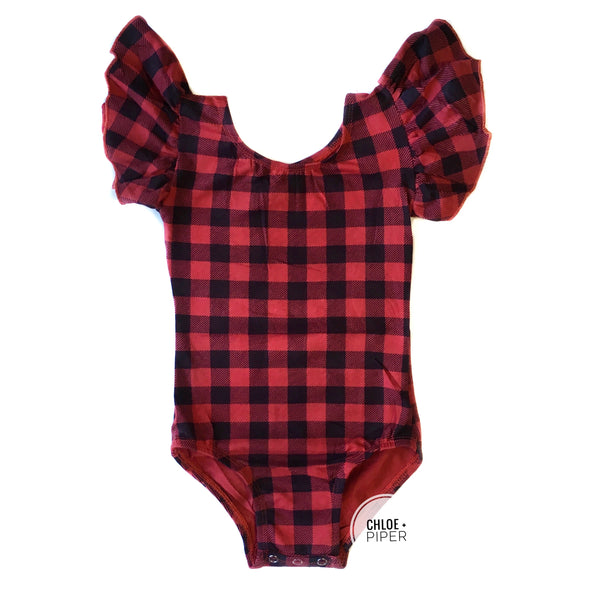 Buffalo Plaid Flutter Sleeve Leotard