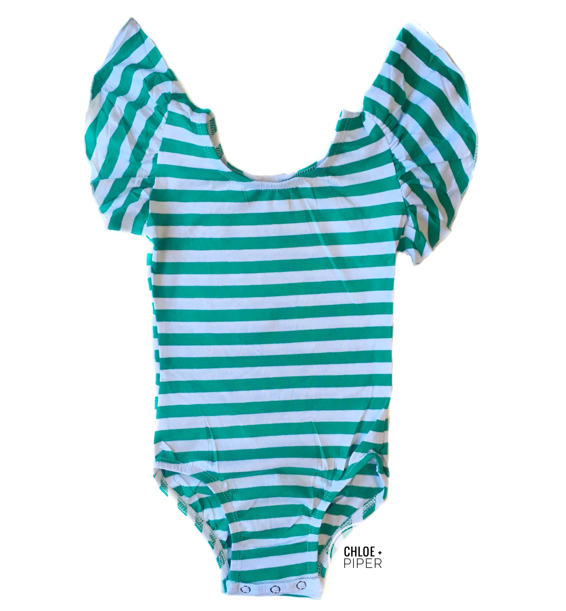 Green & White Stripe Flutter Sleeve Leotard