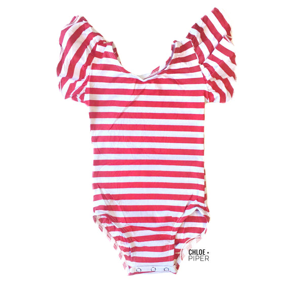 Red & White Stripe Flutter Sleeve Leotard